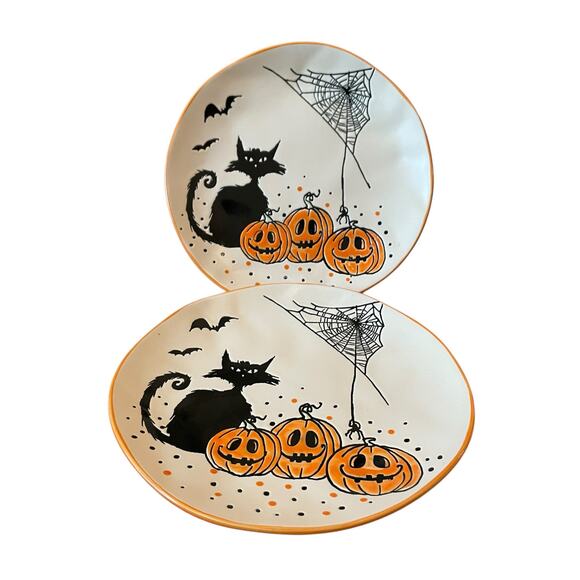 ELI & ANA Halloween Salad Plates 8in Black Cat Bats Pumpkins Set of 2 New - Picture 2 of 11